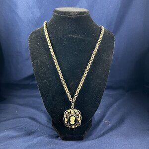 Vintage Hope Chest Cameo Necklace With Ornate Pendant & Faux Pearl Accents Black
